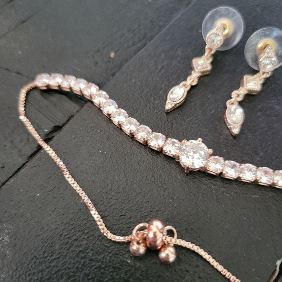 Rose Gold Earrings Matching Set Adjustable Chain Tennis Bracelet Crystal Jewelry - Picture 3 of 3